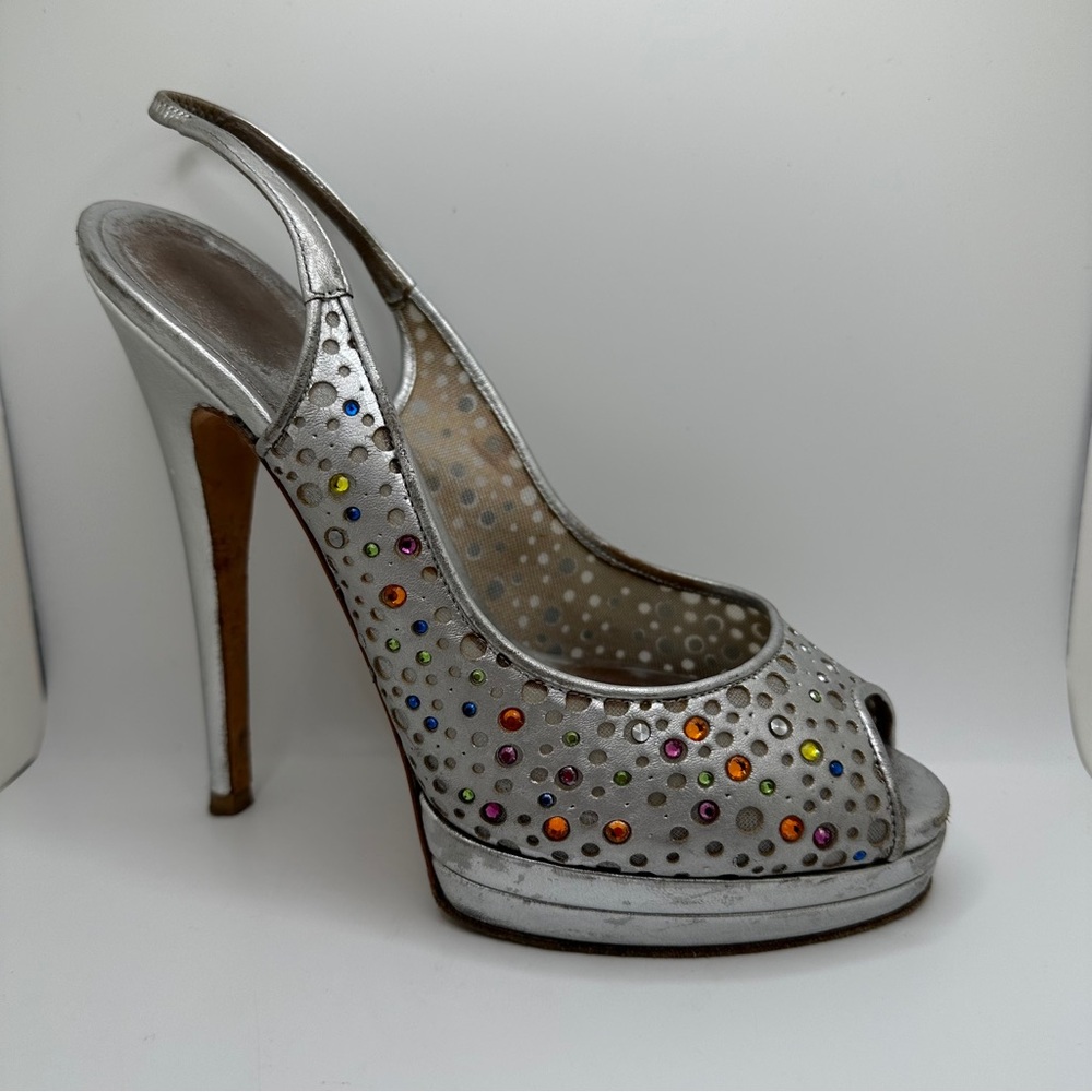 Casadei Women’s Slingback Heels Womens Sandal Silver Multi Strass Size 8